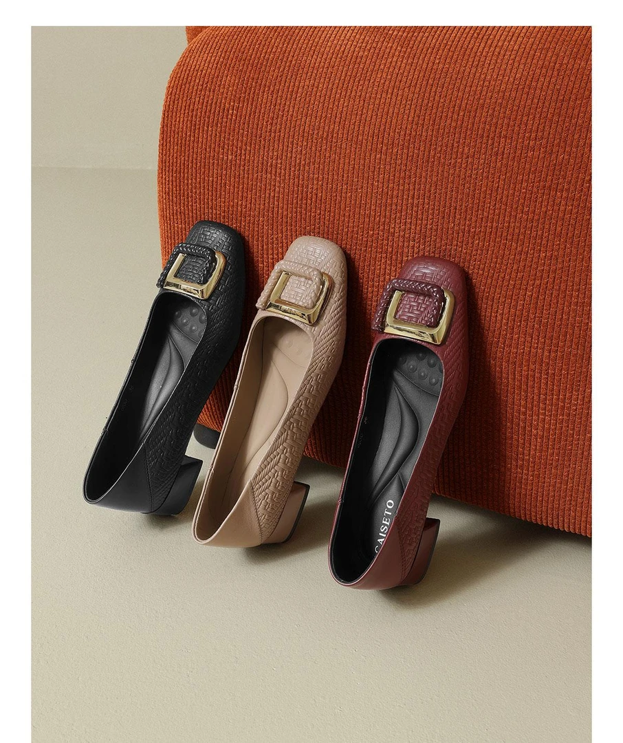 软羊皮浅口粗跟压花编织中跟方头单鞋女夏高跟鞋舒适百搭上班鞋子