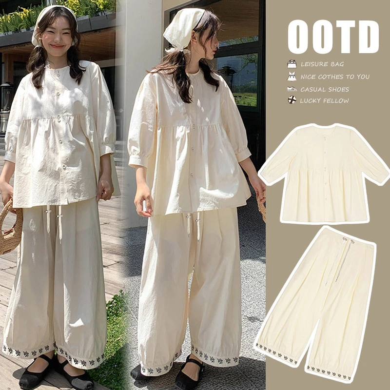 孕妇装早春娃娃衫刺绣九分裤套装女夏季宽松时尚衬衫阔腿裤两件套