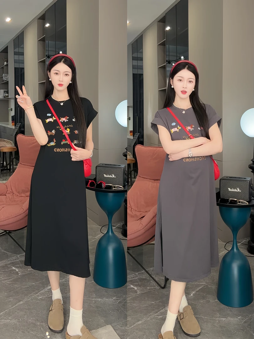 孕妇装2025夏季新品韩版百搭设计刺绣小狗显瘦孕妇连衣裙