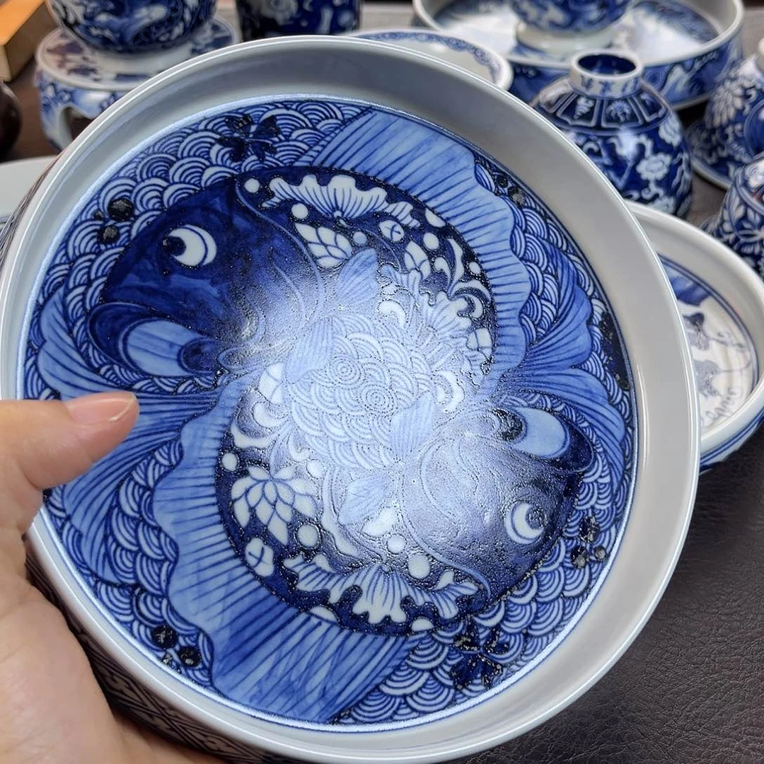 朝岚夕霞窑原矿釉烧制青花大头鱼壶承