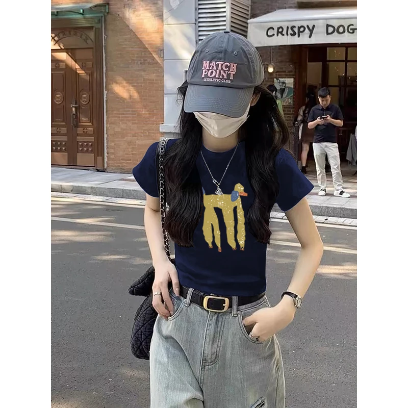 夏日多巴胺穿搭短款辣妹上衣设计感小众t恤女短袖正肩藏青色洋气