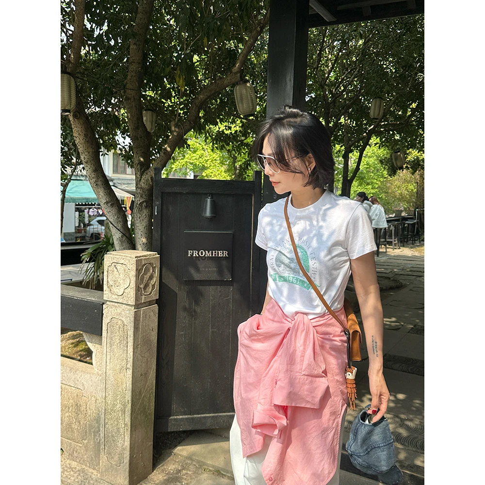 SHIIEELL复古休闲百搭气质印花棉短袖T恤老钱松弛感女装Z1012