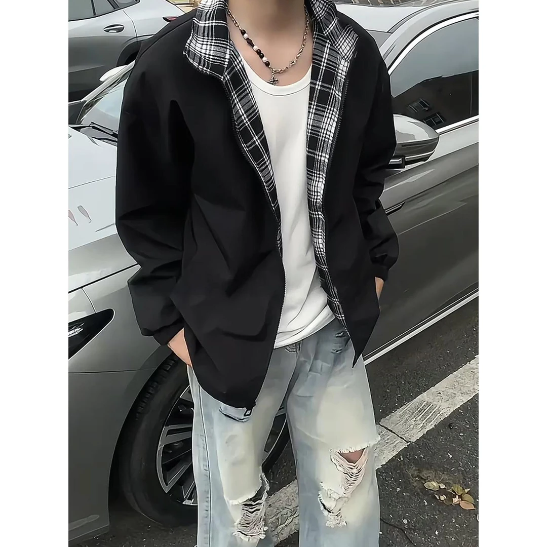 cleanfit黑色内衬拼接格子外套男款春秋高级感立领夹克情侣棒球服