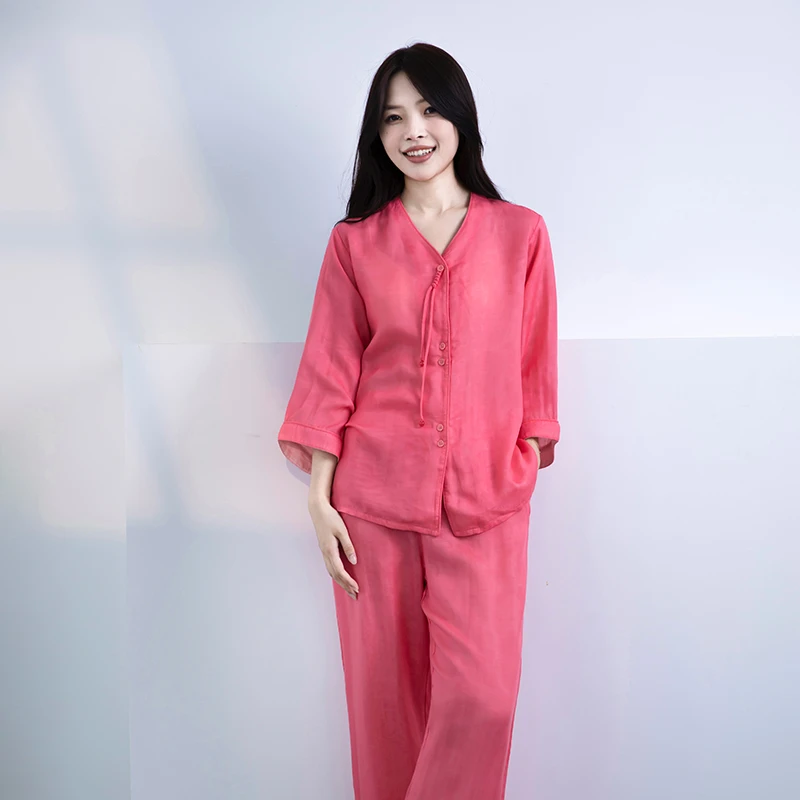 宜色家100%天丝双层纱新中式情侣薄款夏季超薄短袖睡衣礼盒套装