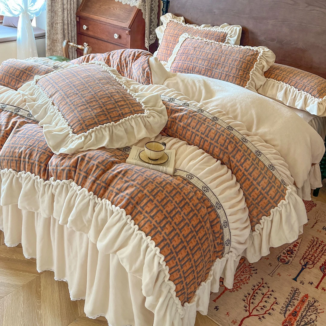 法式复古冬季加厚牛奶绒四件套公主风双面珊瑚绒褶皱被套毛绒床裙