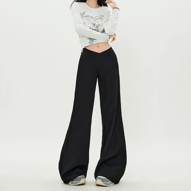黑色低腰休闲西装裤女美式小众设计V型高级感宽松显瘦拖地喇叭裤