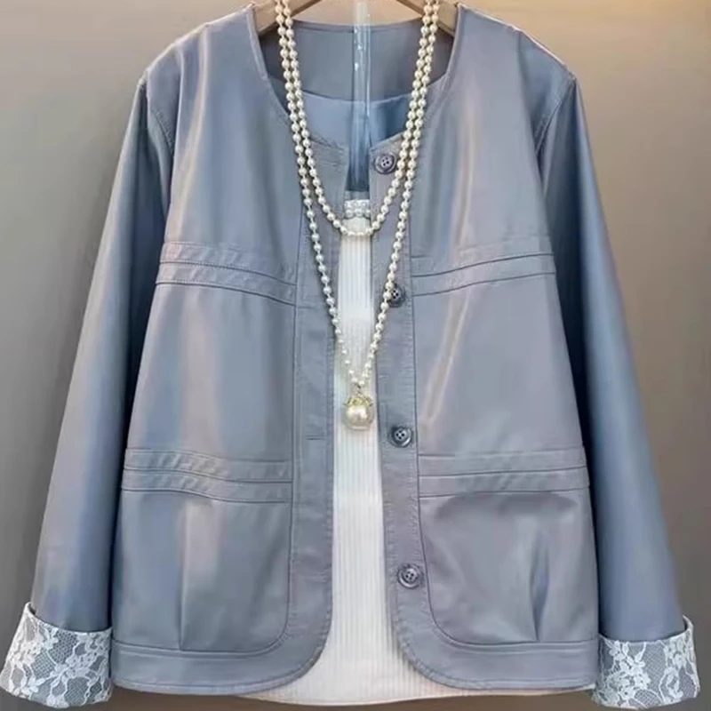 小香风高级感蕾丝袖口宽松长袖外套女春季新款洋气小众设计感皮衣