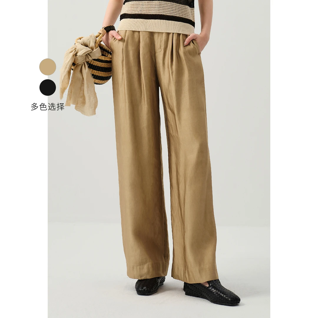 EIN/言25年春都市轻通勤系列裤身倒褶设计高腰复古宽松直筒阔腿裤