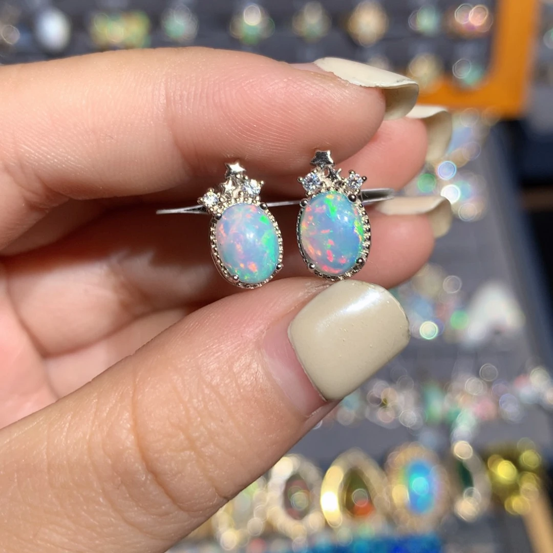 银S925镶嵌欧泊猫眼欧泊耳饰l