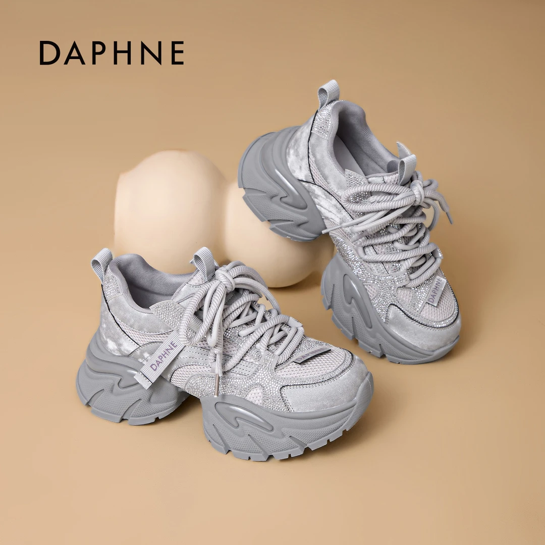 达芙妮松糕拼接老爹鞋女2025秋新款水钻百搭时尚运动鞋休闲增高鞋
