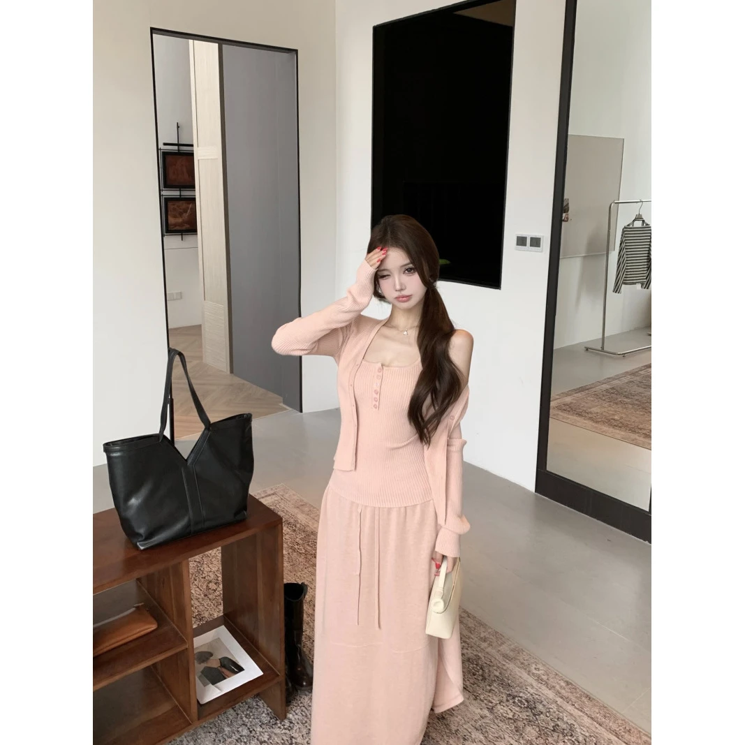 夏日气质fit 慵懒风针织开衫外套背心半身裙三件套