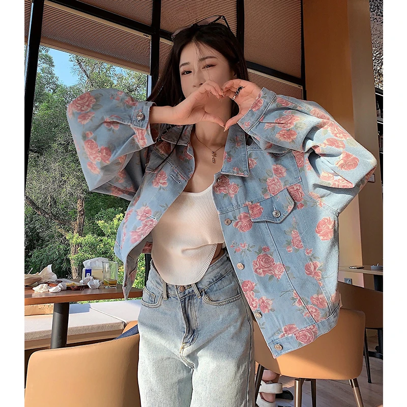 洋气玫瑰印花牛仔外套女春季新款时尚减龄长袖夹克上衣宽松百搭