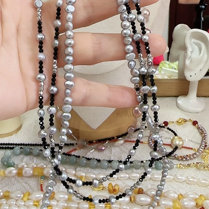 微***也未镶嵌颈饰淡水珍珠银蓝无核设计款黑色有纹