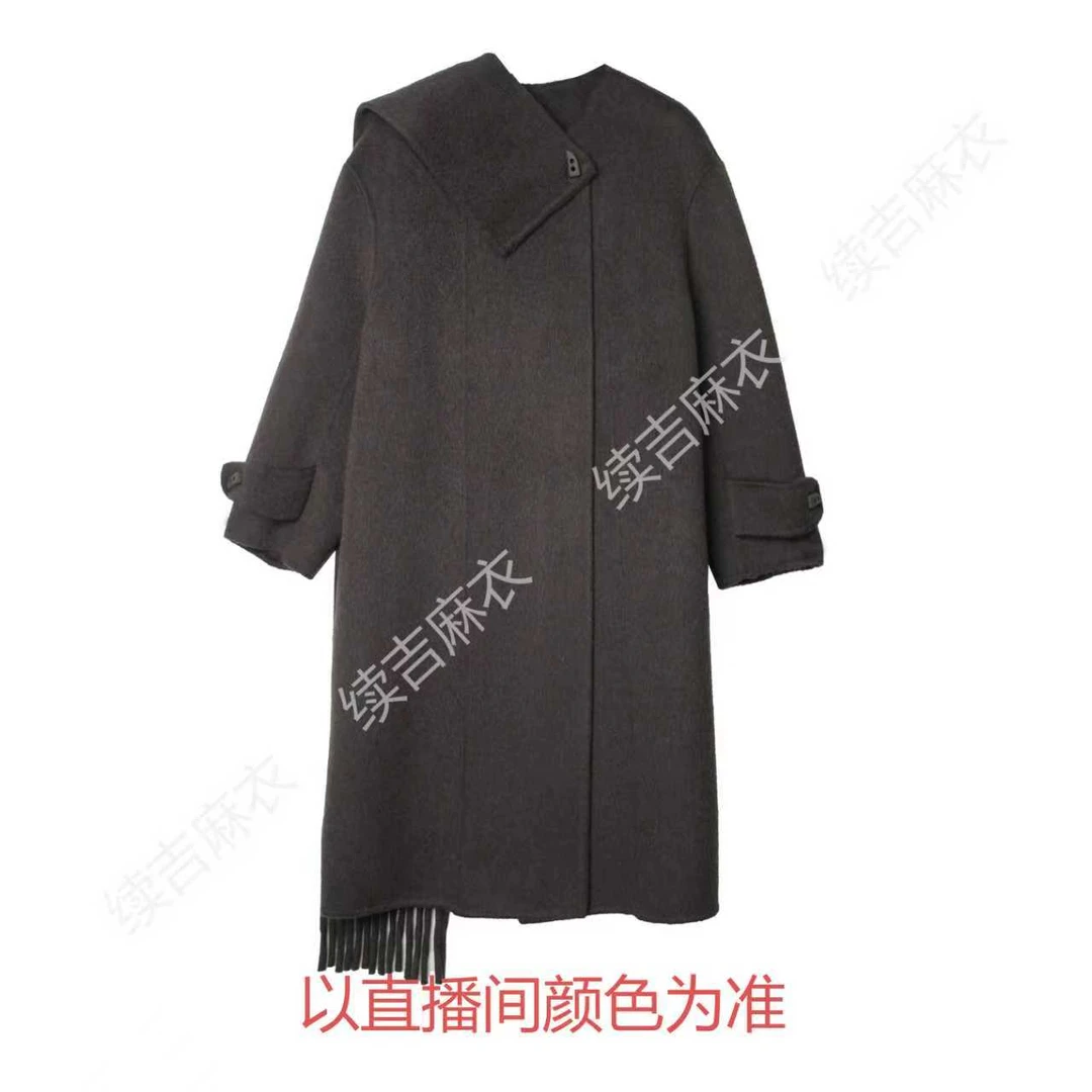 冬-续吉麻衣25-2604气质纯色百搭宽松设计感毛呢大衣加围巾两件套