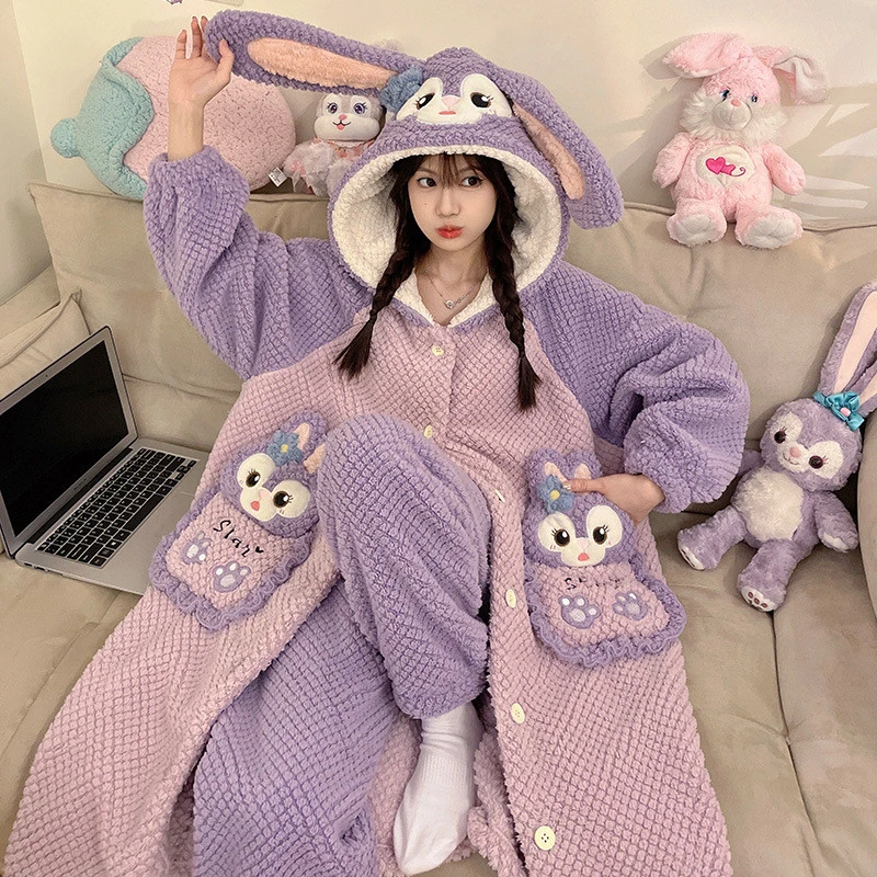 长袖加厚套装冬季秋冬季卡通动漫甜美连帽冬天毛绒卡通睡袍