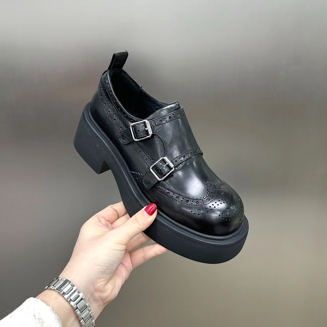【左右华菲】5.5cm明星同款英伦风真皮厚底乐福鞋2026春黑色小皮鞋