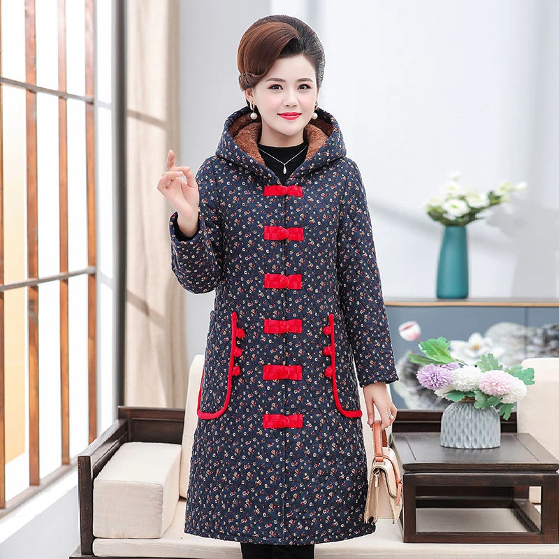 832#连帽长款民族风花色轻职风中老年女装冬装中老年女装棉衣