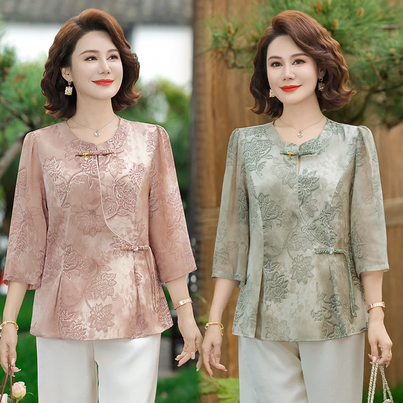 新中式妈妈春夏装立领印薄款小衫中老年女装宽松显瘦时尚上衣