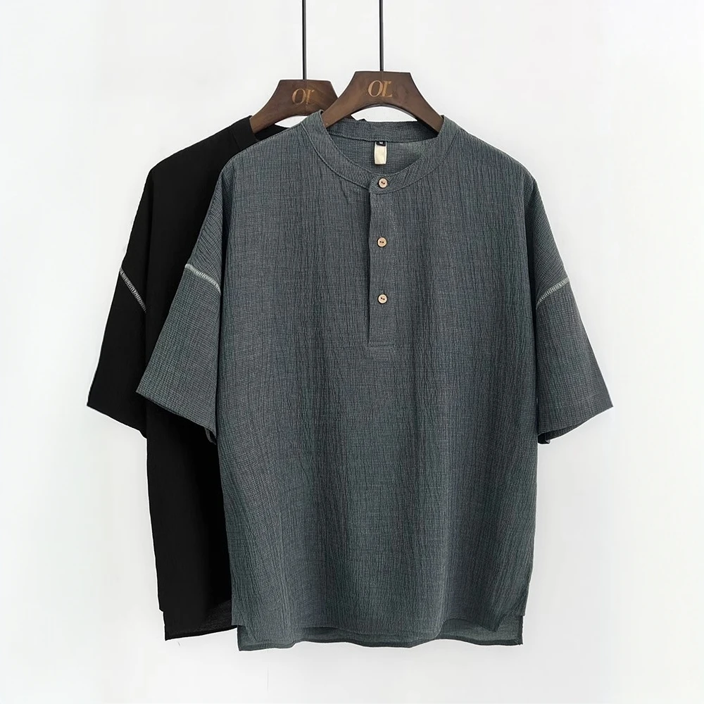 亨利领衬衫男夏季薄款冰丝泡泡纱短袖T恤男士休闲POLO衫立领半袖