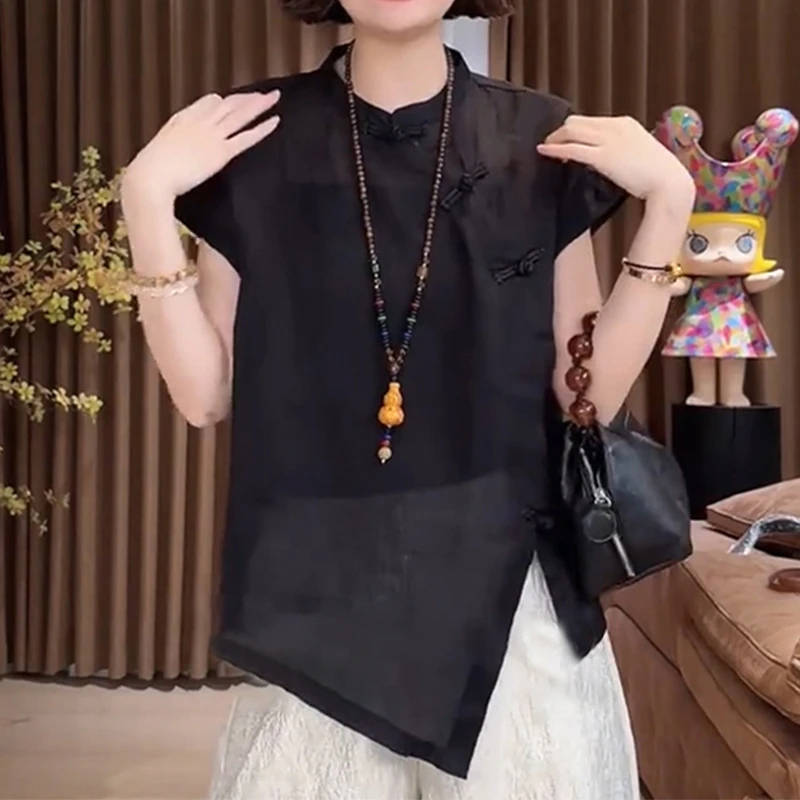 中式风轻奢不规则立领衬衫夏季新款轻薄透气斜襟盘扣设计感上衣潮