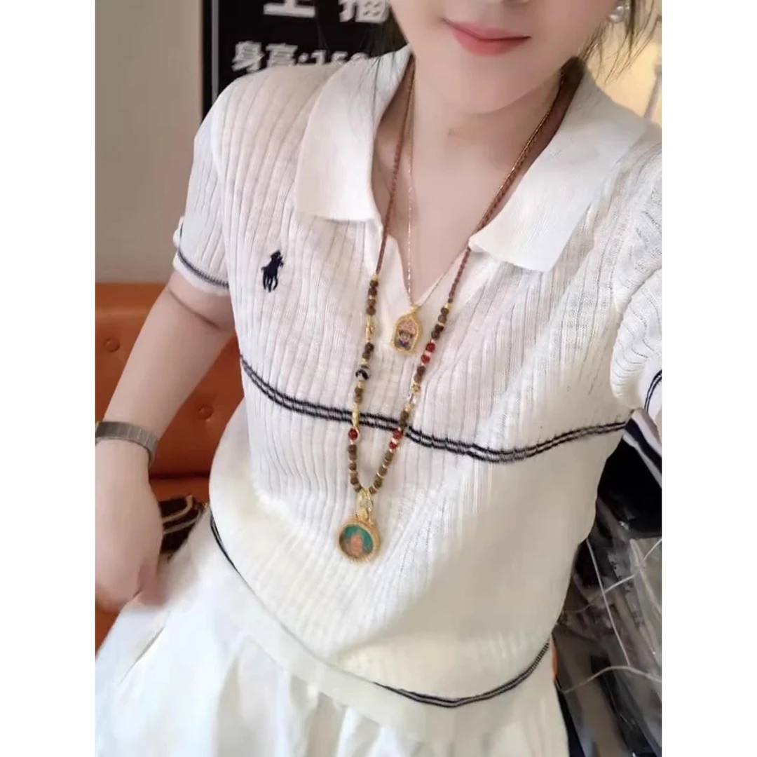 韩系时尚简约气质翻领短袖针织衫女2025夏季新款休闲百搭显瘦上衣