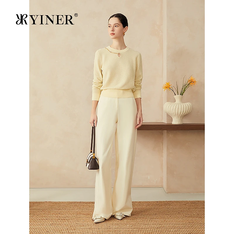 YINER音儿2025新款法式亮丝新疆长绒棉镂空领短款毛针织衫