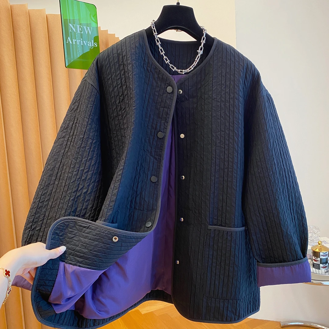 超好看轻薄夹棉外套女中长款2025新款宽松气质独特无领高级感上衣