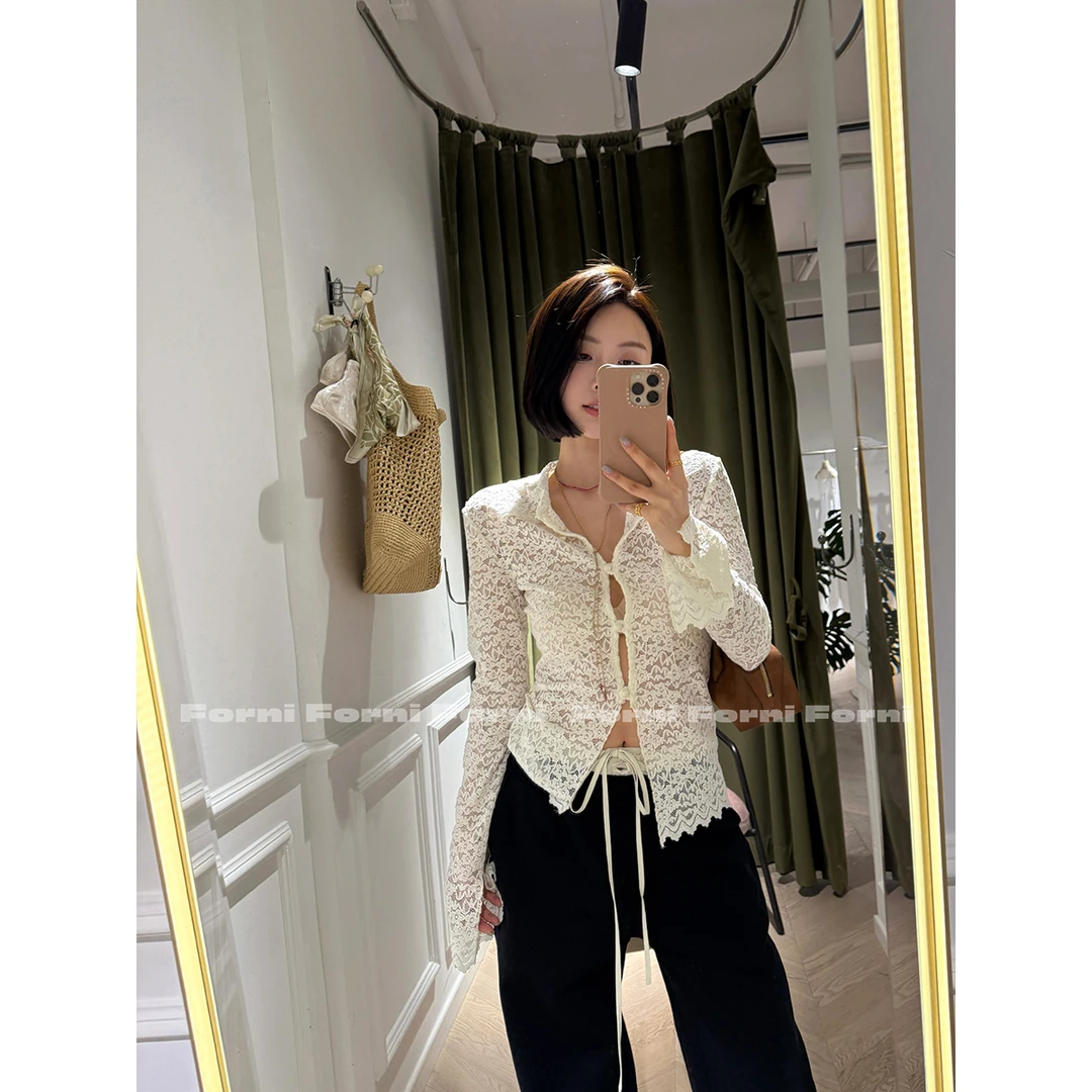 FORNI 万花筒 娇娇小姐纯欲风立体浮雕感蕾丝小衫上衣