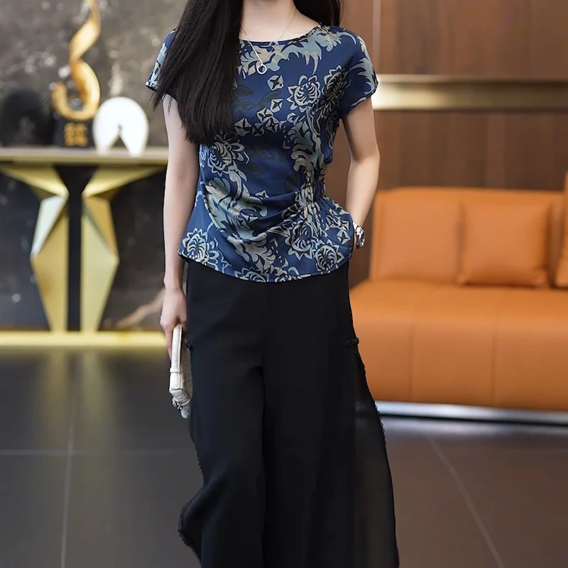 时尚妈妈套装女士夏装2025新款洋气减龄短袖上衣显瘦阔腿裤两件套