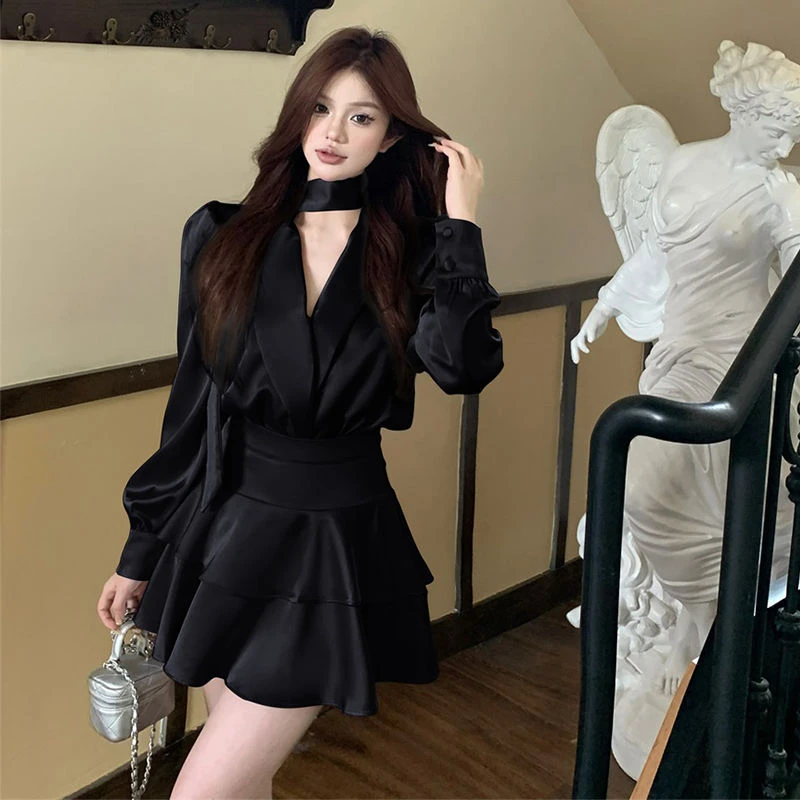 法式气质别致绝美设计泡泡袖飘带缎面上衣+蛋糕半身裙时尚套装女