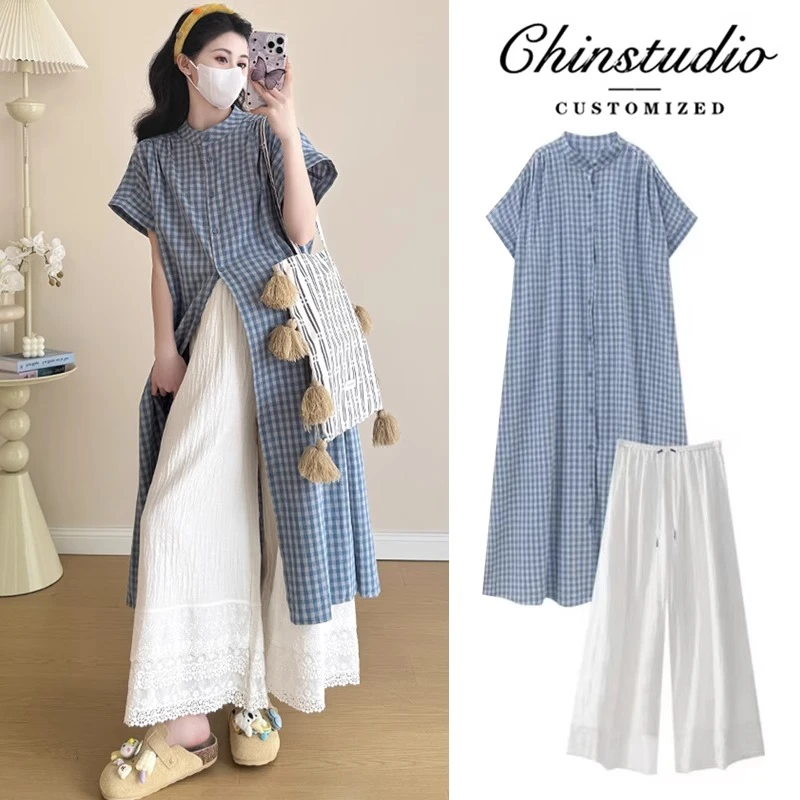 孕妇夏装2025新款套装时尚格子衬衫连衣裙阔腿裤洋气时髦夏季裙子