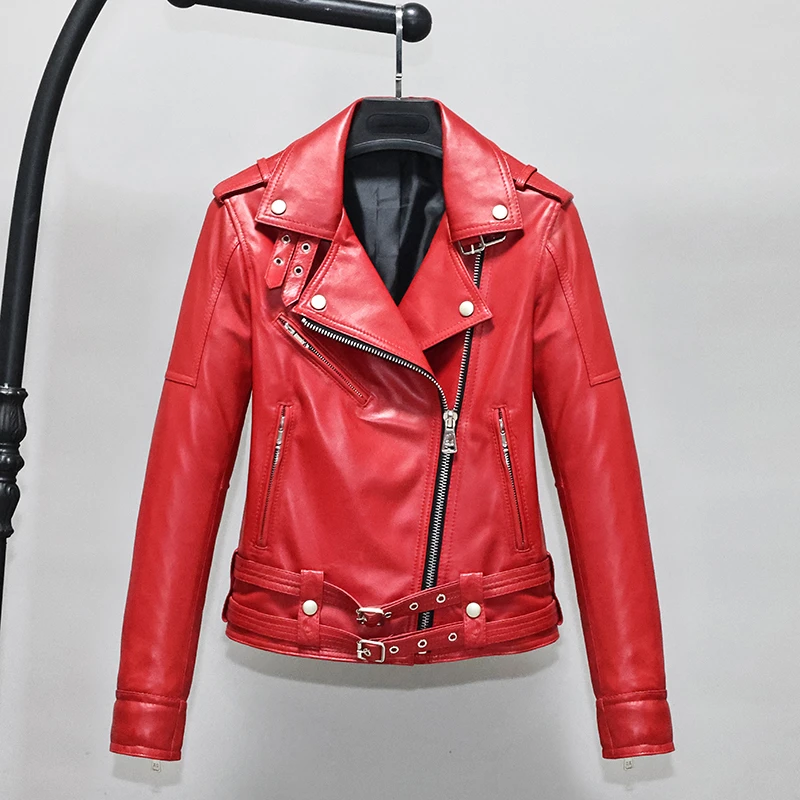 红色柔软头层绵羊真皮皮衣女修身短款青年翻领腰带机车夹克外套R4