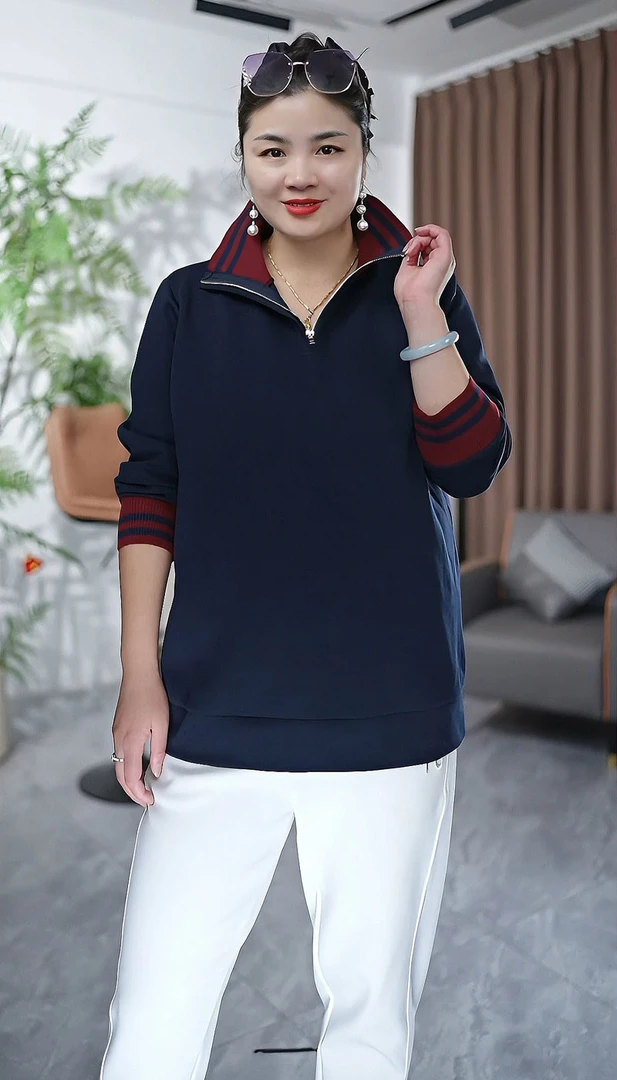 8558休闲针织领中长款卫衣纯色半拉链方领大码秋装上衣胖装