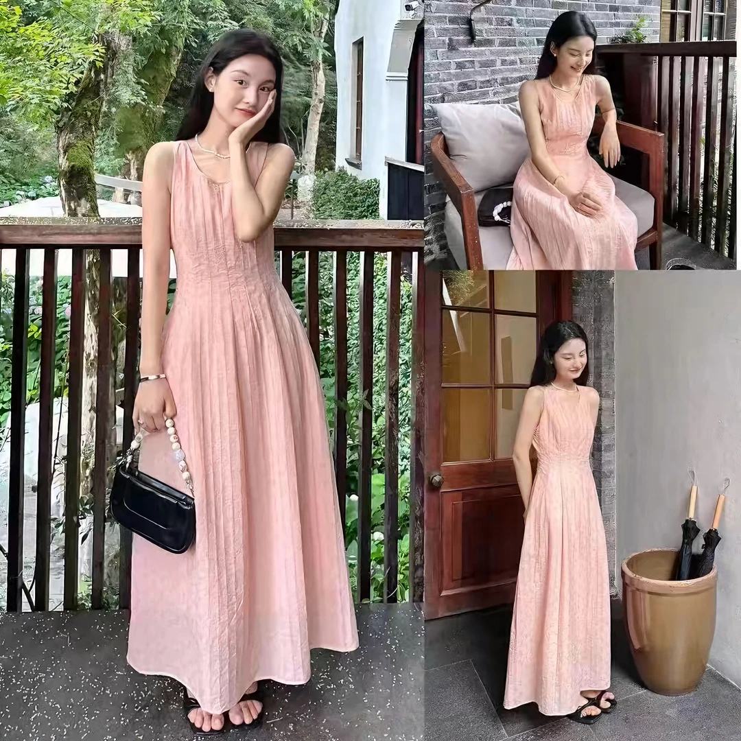 夏季法式圆领刺绣无袖连衣裙初恋收腰少女风8858