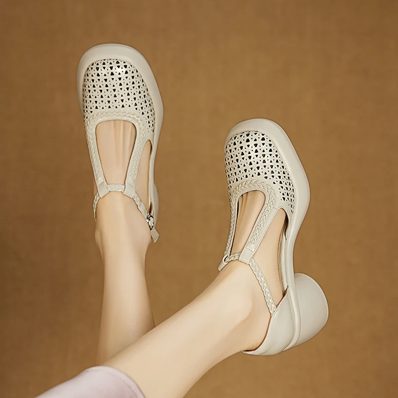 牛皮7.5厘米 34-40舒适休闲夏季真皮软底复古镂空高跟透气粗跟