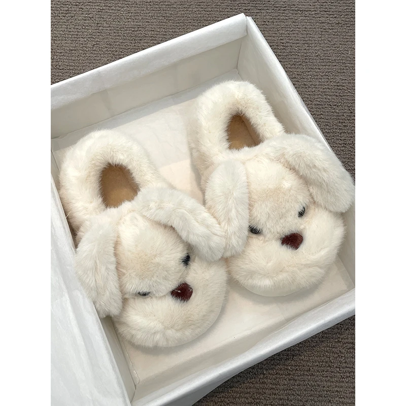 时尚可爱女士秋冬居家可爱小狗加绒防滑保暖包头厚底毛毛棉拖鞋女