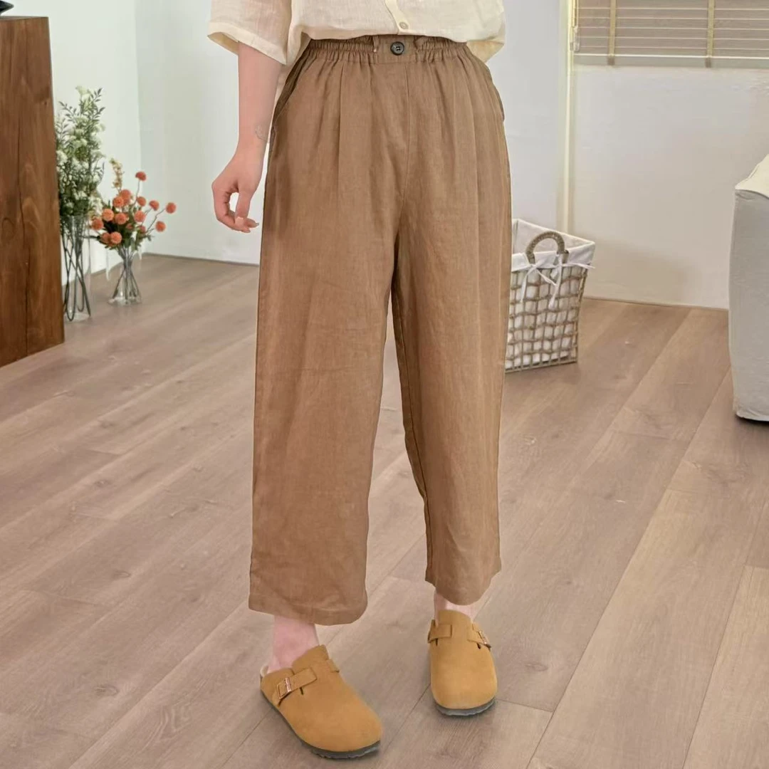 常樂家2025夏季新款亚麻松紧腰一粒扣系绳休闲裤615
