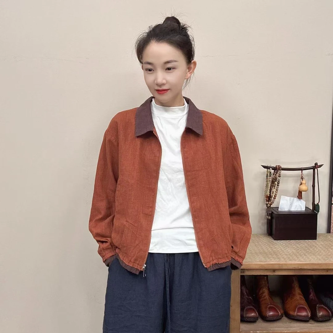 原创设计复古风亚麻拉链开衫双层外套秋冬新款宽松休闲拼色时尚
