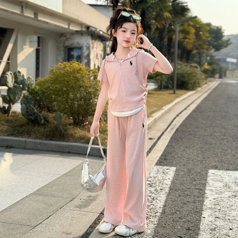 女童垂垂套装洋气显瘦2025夏季新款中大童休闲直筒长裤两件套甜美