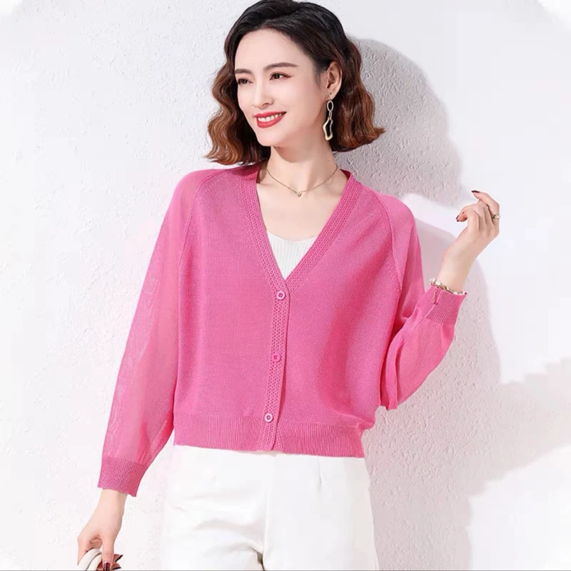 夏季镂空冰丝开衫女外套针织空调衫2025新款短款长袖薄款防晒衣服