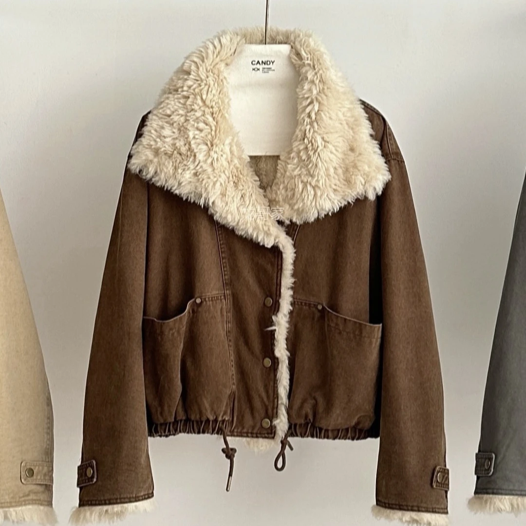 秋冬加厚大口袋可立领可翻领皮毛一体外套9667(衣长58公分左右)