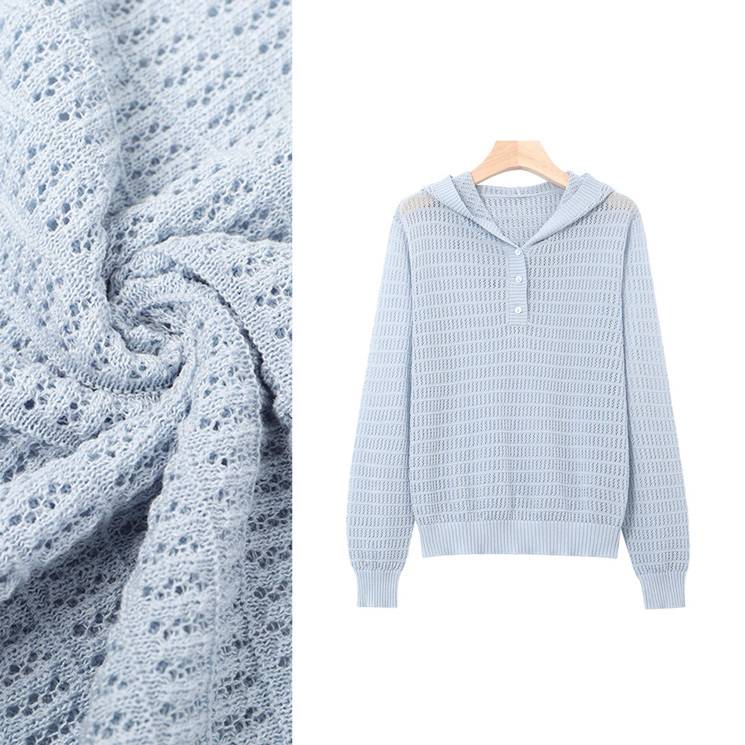 个性时尚 半开扣镂空针织套头帽衫女春夏新款宽松纯色上衣