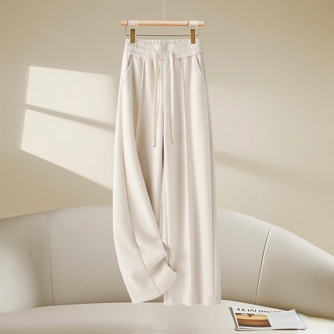绵羊毛松紧腰阔腿裤女2025秋冬时尚高腰宽松垂感加厚休闲直筒裤子