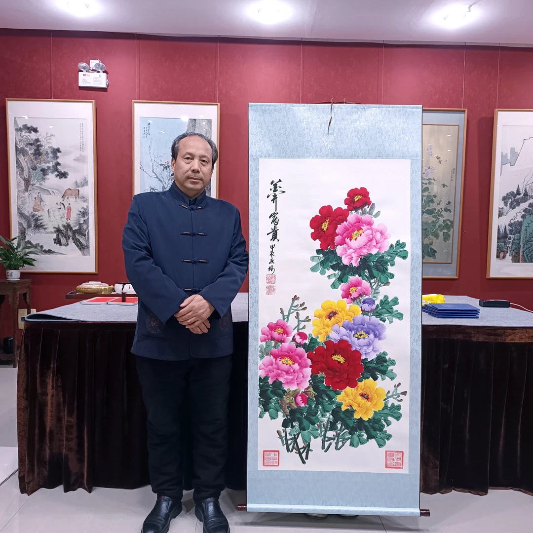 田 广杰 老师《花开富贵》手绘牡丹70*170厘米卷轴软裱