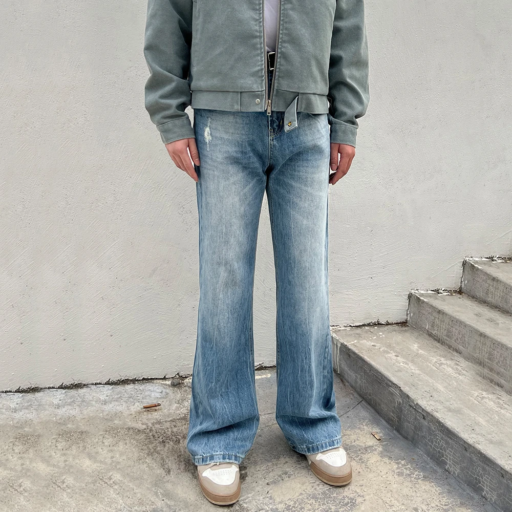 FANFIT美式复古闪电裂纹微喇直筒版型蓝色牛仔裤cleanfit显瘦休闲