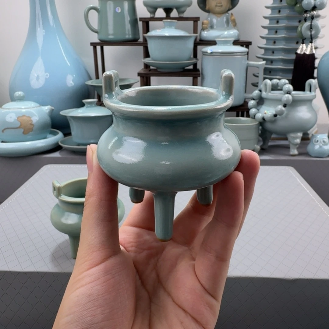摆件微微瑕汝窑仿古釉高足线香炉