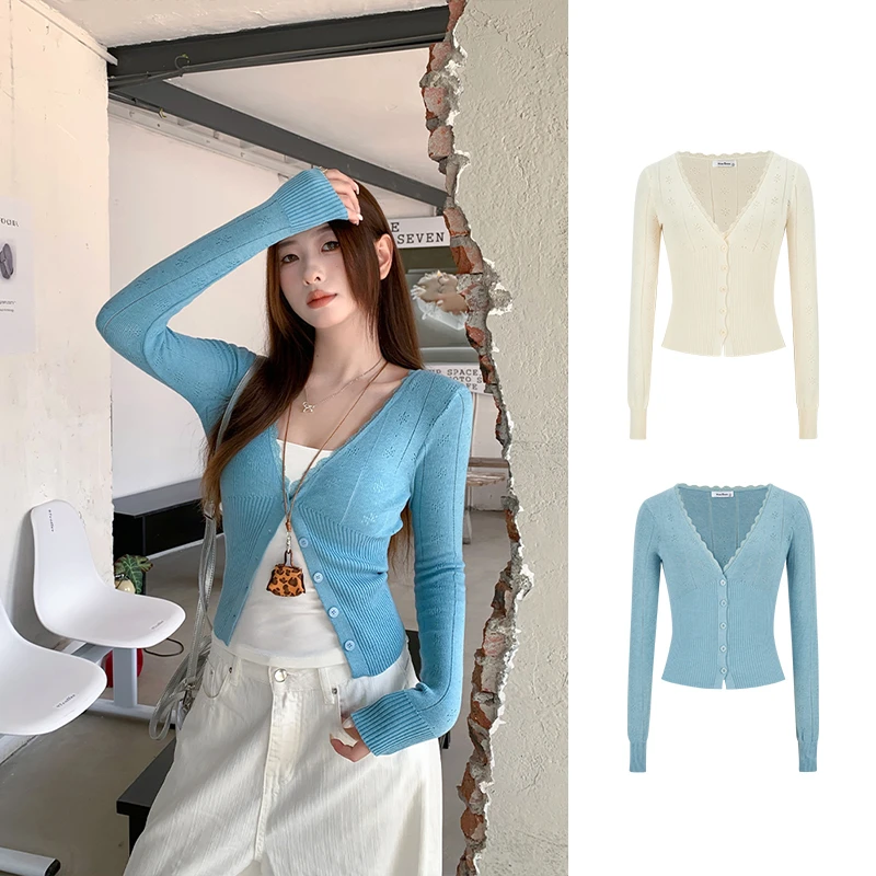 Moses Queen/魔西女王蓝色镂空针织开衫女春秋外搭薄款小披肩外套