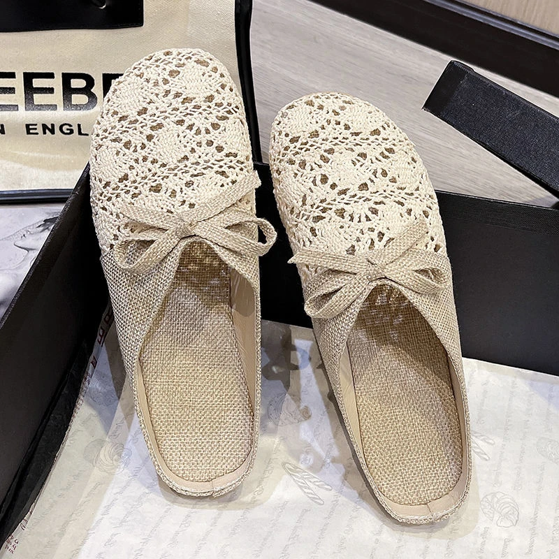 拖鞋女2025新款夏百搭外穿网面透气防滑亚麻棉布包头半拖鞋凉拖女