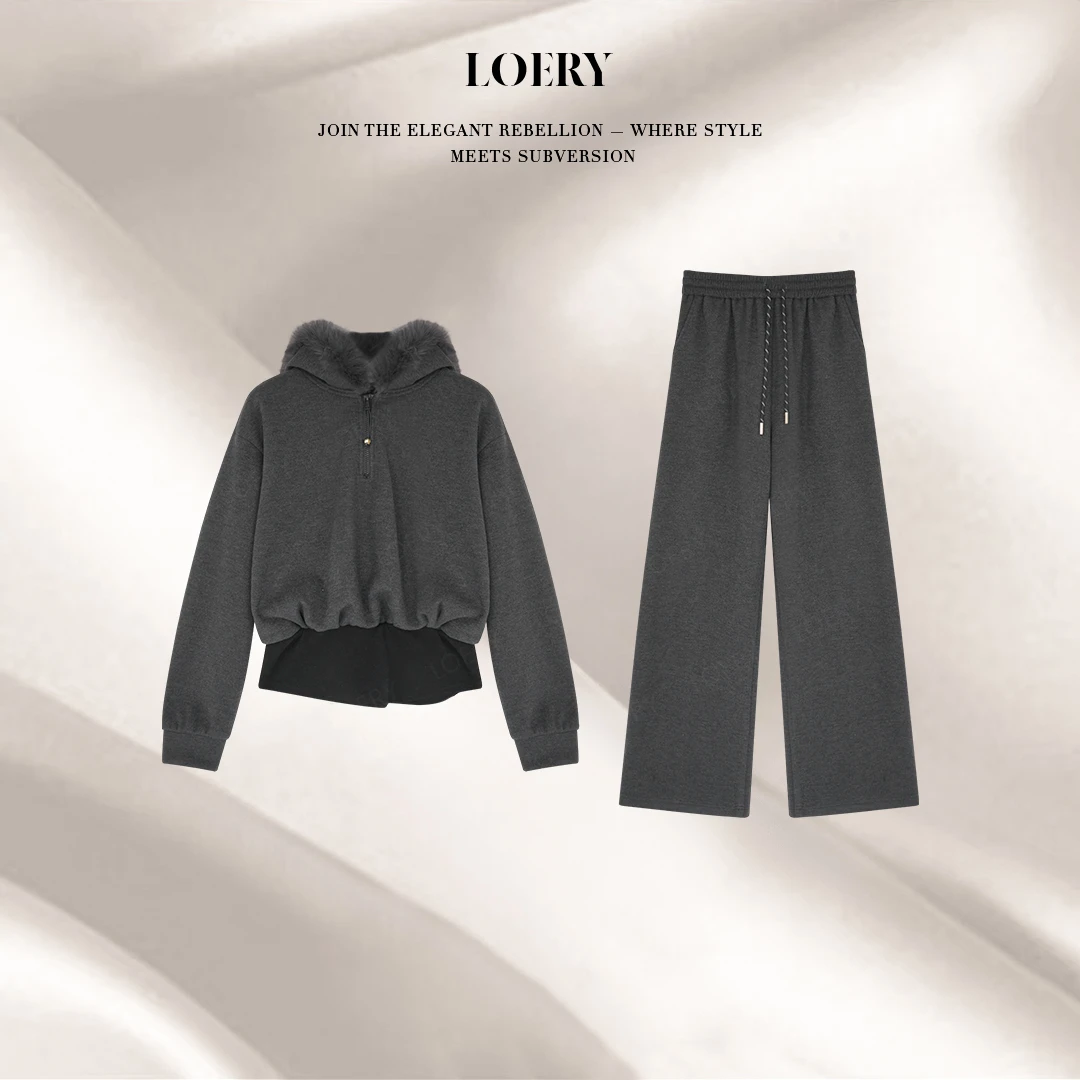 LOERY【冬日情书编号47】格雷系毛领撞色拼接亲肤休闲套装-12368