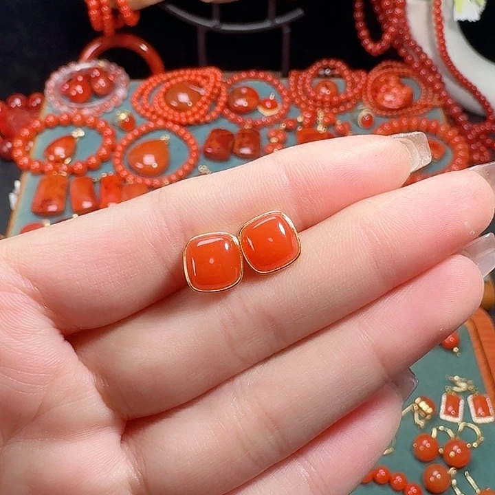 南红玛瑙银S925镶嵌耳饰9+